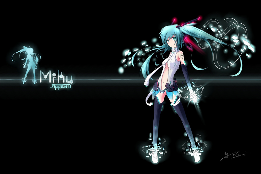 aqua_eyes aqua_hair digital_dissolve hatsune_miku hatsune_miku_(append) highres long_hair navel solo standing tan_(carbon) twintails vocaloid vocaloid_append