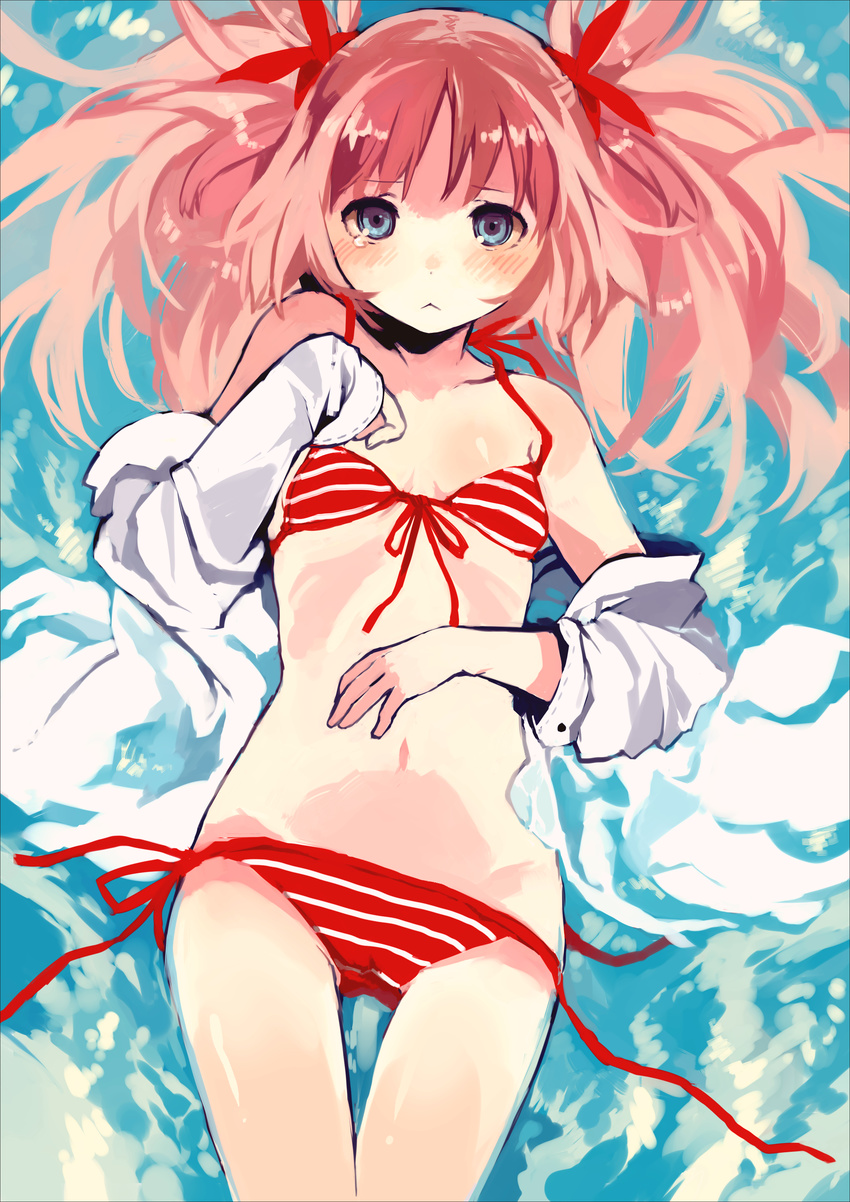 :&lt; absurdres afloat ass_visible_through_thighs bare_shoulders bikini blue_eyes blush front-tie_top hands highres looking_at_viewer lying navel off_shoulder on_back open_clothes open_shirt original pink_hair red_bikini shirt side-tie_bikini solo striped striped_bikini swimsuit tan_(tangent) tears thigh_gap twintails untied