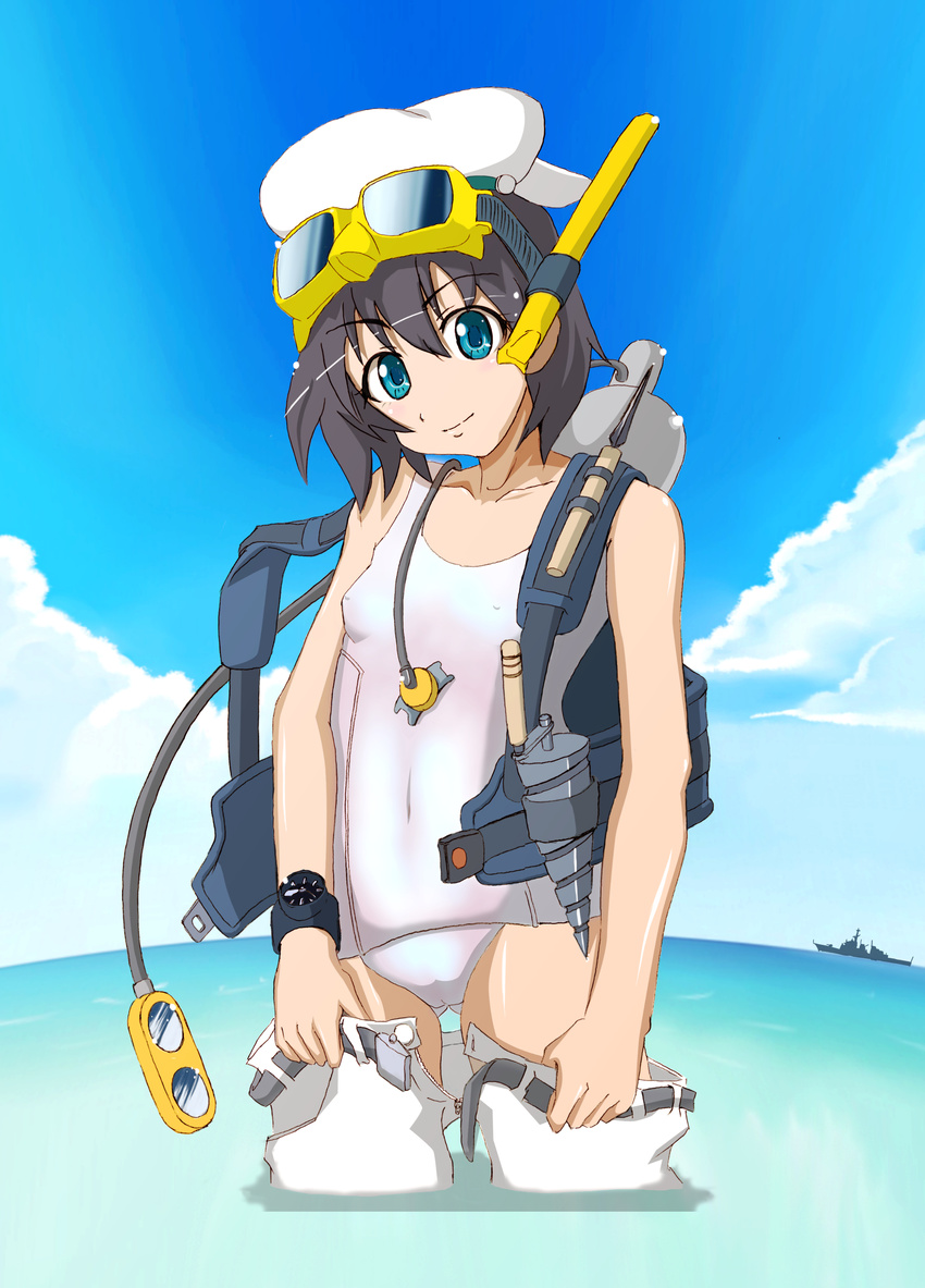 absurdres black_hair blue_eyes day diving_mask diving_mask_on_head diving_regulator dryman hat highres murasa_minamitsu one-piece_swimsuit pants school_swimsuit scuba ship short_hair snorkel solo swimsuit touhou watercraft white_school_swimsuit white_swimsuit