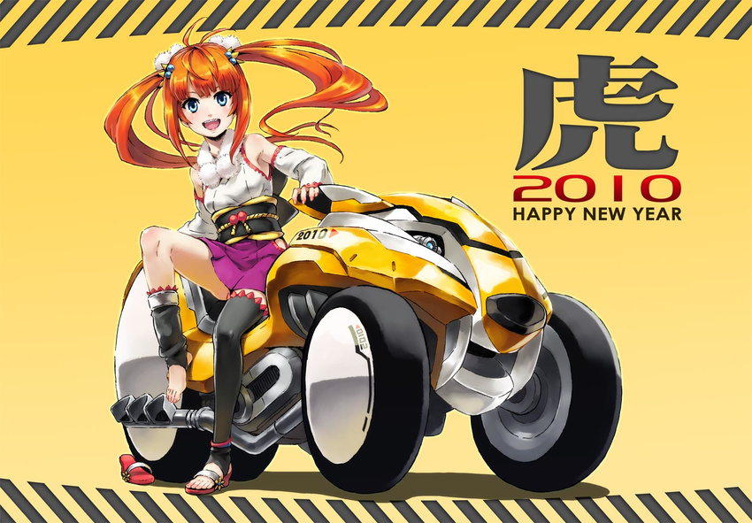 2010 all-terrain_vehicle anklet antenna_hair aqua_eyes barefoot black_legwear chinese_zodiac detached_sleeves feet fukukitaru fur ground_vehicle japanese_clothes jewelry kimono leg_up legs long_hair mismatched_legwear motor_vehicle motorcycle new_year orange_hair original reverse_trike sandals shoes short_twintails single_shoe single_thighhigh sitting skirt solo thighhighs three-wheeler toeless_legwear toes twintails year_of_the_tiger