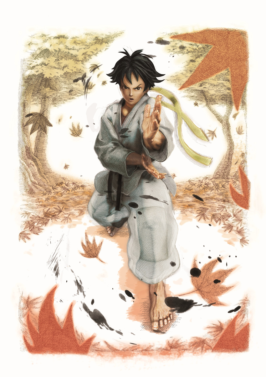absurdres barefoot black_hair dougi fighting_stance forest highres ikeno_daigo japanese_clothes leaf makoto_(street_fighter) maple_leaf nature official_art short_hair solo street_fighter