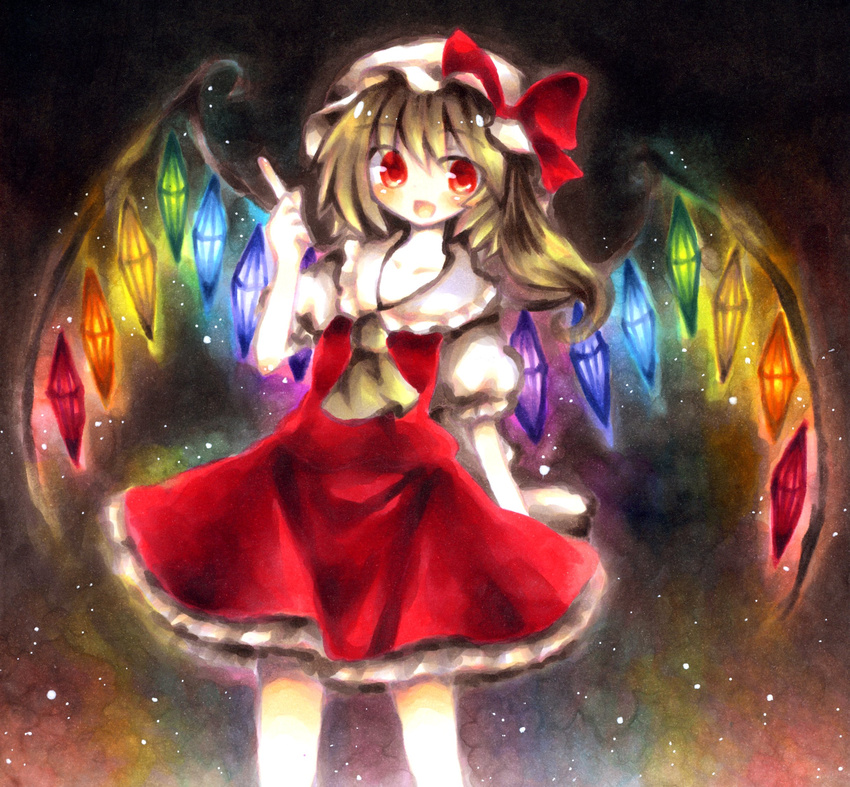bad_id bad_pixiv_id blonde_hair bow flandre_scarlet hat highres marker_(medium) rainbow_order red_eyes side_ponytail solo touhou traditional_media wings wiriam07