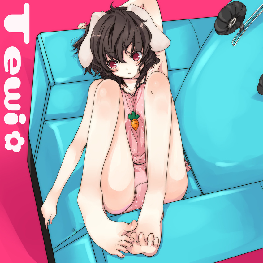 animal_ears armpits bad_feet barefoot black_hair brown_hair bunny_ears camisole chair colorized easy_chair expressionless feet hand_behind_head highres inaba_tewi ko-&gt;u legs looking_away panties polka_dot red_eyes solo toes touhou underwear yatosaki_haru