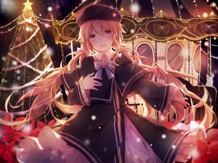 bad_id bad_pixiv_id beret blonde_hair blue_eyes brooch cape carousel christmas christmas_lights christmas_ornaments christmas_tree circus cross dress flower frilled_skirt frilled_sleeves frills hair_ribbon hat highres jewelry light_particles long_hair long_sleeves magi_in_wanchin_basilica night peneko ribbon skirt solo tree twintails xiao_ma