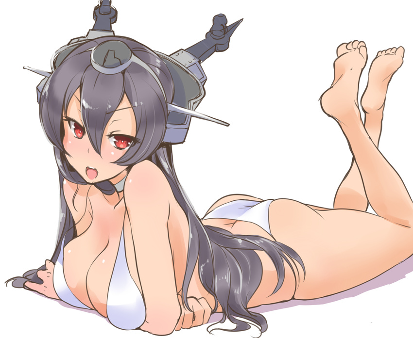 arm_support ass bare_legs bare_shoulders barefoot bikini black_hair blush breasts feet hair_between_eyes headgear highres kantai_collection large_breasts legs_up long_hair looking_at_viewer lying midriff nagato_(kantai_collection) on_stomach open_mouth red_eyes simple_background solo swimsuit the_pose ueda_torini very_long_hair white_background white_bikini