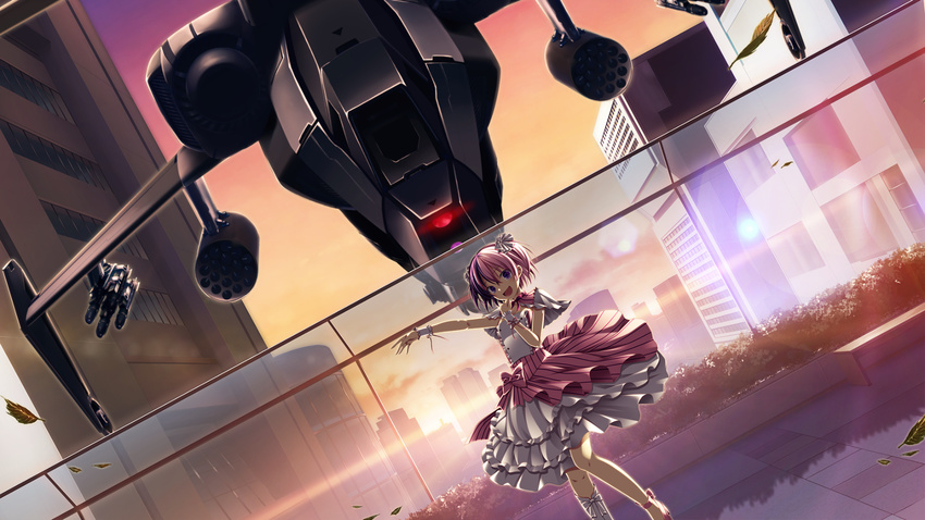 aircraft bow city dress dutch_angle frilled_dress frills game_cg hair_ribbon helicopter highres leaf lens_flare looking_at_viewer makita_maki multicolored_hair outstretched_arm pink_hair purple_eyes purple_hair ribbon ruu_(sorcery_jokers) short_hair short_twintails solo sorcery_jokers sunset twintails two-tone_hair