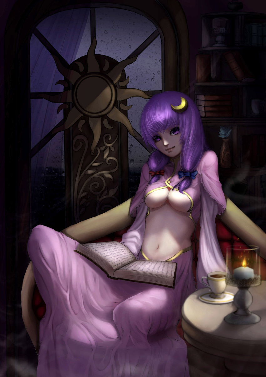 absurdres adapted_costume armchair ashes bangs blue_bow book bow breasts buttons candle candlelight center_opening chair closed_mouth cloud cloudy_sky crescent crescent_hair_ornament cup curtains dress drink fire flame flower hair_bow hair_ornament head_tilt highres holding holding_book kanade_(kanadechyan) knee_up liquid long_sleeves looking_at_viewer low_twintails medium_breasts midriff navel open_book pages paper patchouli_knowledge plant purple_dress purple_eyes purple_hair red_bow saucer scarlet_devil_mansion see-through shelf sidelocks sky smile solo stomach tea teacup text_focus touhou twintails underboob vase water water_drop wax window