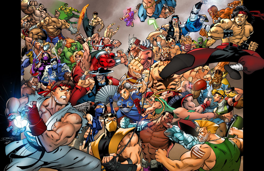 5girls 6+boys 90s abs balrog baraka black_hair blanka blonde_hair blue_eyes breasts cammy_white chun-li cleavage crossover dark_skin dee_jay dhalsim edmond_honda elbow_pads epic fei_long fighting fingerless_gloves fire flag gloves goro_(mortal_kombat) gouki guile hadouken jackson_briggs johnny_cage kano_(mortal_kombat) ken_masters kitana kung_lao large_breasts lipstick liu_kang m_bison makeup mileena mortal_kombat multiple_boys multiple_girls navel necklace nightwolf raiden reptile_(mortal_kombat) ryuu_(street_fighter) sagat scorpion_(mortal_kombat) shao_kahn shirtless sonya_blade street_fighter sub-zero sunglasses t_hawk tattoo toned vega weapon wrist_wraps zangief