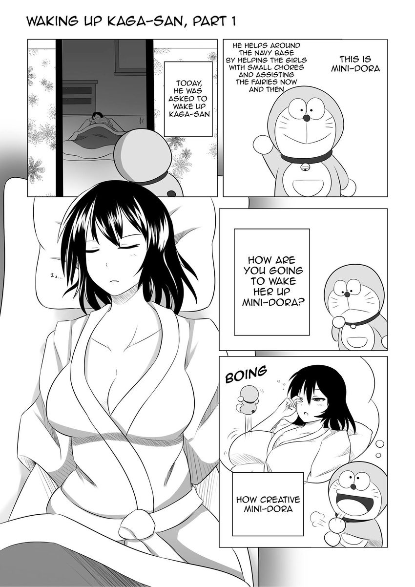 breasts cleavage closed_eyes collarbone comic crossover doraemon english futon greyscale hakama highres japanese_clothes kaga_(kantai_collection) kantai_collection large_breasts lying mini_dora monochrome open_mouth parted_lips short_hair sleeping smile wangphing