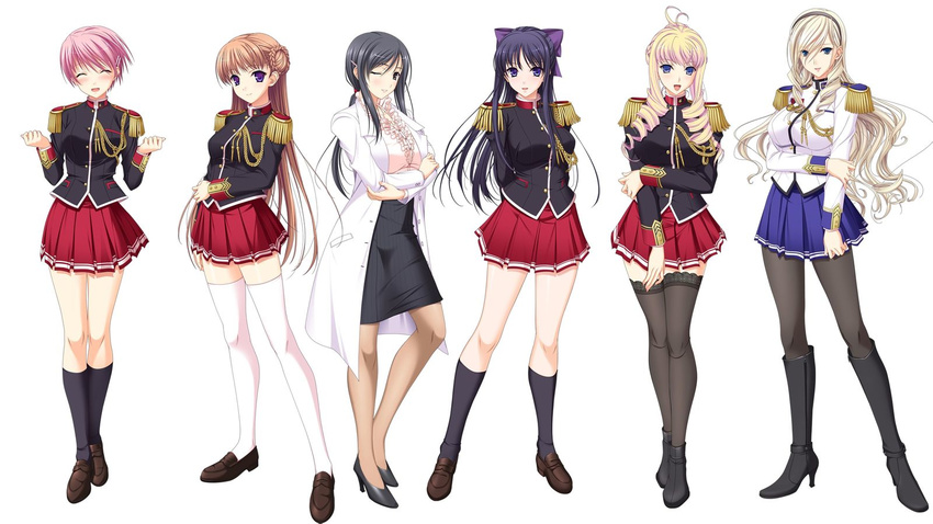 arms_behind_back bertille_althusser black_footwear black_hair black_legwear blonde_hair blouse blue_eyes blush boots brown_hair celia_kumani_entory closed_eyes drill_hair epaulettes hair_ribbon highres hiiragi_ayako kisaki_mio knee_boots kneehighs komori_kei labcoat long_hair looking_at_viewer multiple_girls noel_maresse_ascot one_eye_closed pantyhose pink_hair pleated_skirt red_skirt ribbon ryuuzouji_akane school_uniform short_hair simple_background skirt thighhighs walkure_romanze white_legwear zettai_ryouiki