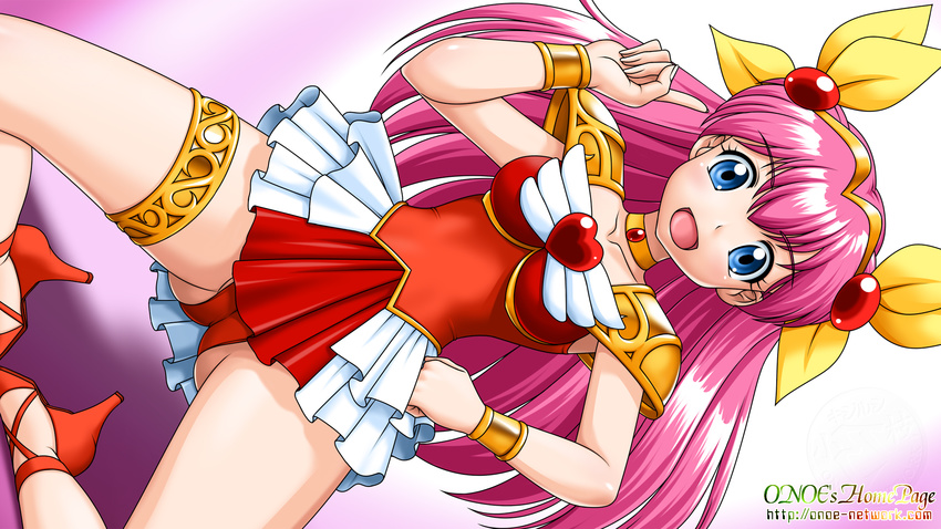 :d angel_peach bare_legs blue_eyes brooch choker full_body hair_ribbon hanasaki_momoko hand_on_hip highres jewelry leg_garter long_hair looking_at_viewer magical_girl onoe open_mouth panties pantyshot pink_hair red_footwear red_panties ribbon shoes shoulder_pads sideways skirt smile solo underwear watermark web_address wedding_peach yellow_ribbon