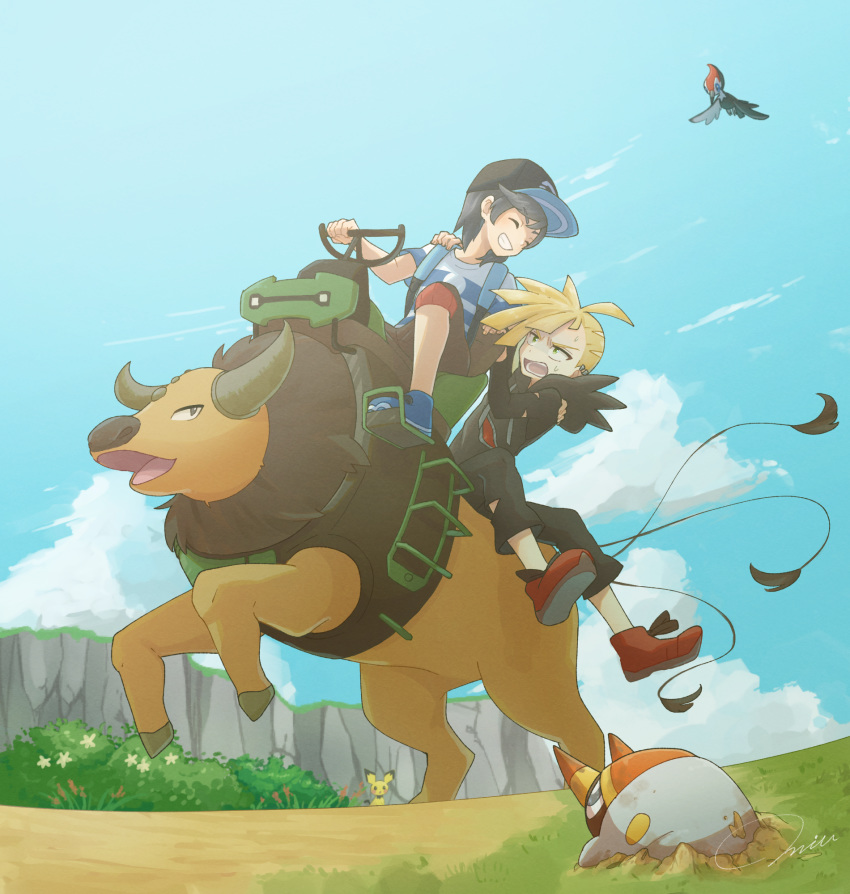 2boys ahoge arm_around_shoulder artist_name bangs baseball_cap black_eyes black_hat black_pants blonde_hair blue_footwear blue_sclera blue_shirt blue_sky blush blush_stickers bush cloud creatures_(company) day ear_piercing eyebrows_visible_through_hair eyes_closed game_freak gen_1_pokemon gen_2_pokemon gen_7_pokemon gladio_(pokemon) grass green_eyes grey_eyes grey_hair grin grubbin hand_on_another's_shoulder happy hat highres hood hoodie horns light_blush long_sleeves looking_at_another looking_back looking_up male_focus miu_(miuuu_721) multiple_boys multiple_tails nintendo open_mouth outdoors pants pichu piercing pikipek poke_ball_theme pokemon pokemon_(creature) pokemon_(game) pokemon_sm red_footwear riding saddle shirt shoes short_hair short_sleeves signature sitting sky smile striped striped_shirt sweat swept_bangs tail tauros teeth torn_clothes torn_pants you_(pokemon)