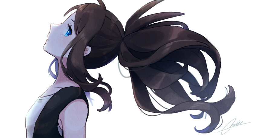 1girl artist_name bangs black_vest blue_eyes blush brown_hair collarbone creatures_(company) female flat_chest from_side game_freak highres light_blush looking_at_viewer looking_to_the_side miu_(miuuu_721) nintendo open_mouth pokemon pokemon_(game) pokemon_bw ponytail profile shiny shiny_hair shirt signature simple_background sleeveless sleeveless_shirt solo tied_hair touko_(pokemon) upper_body vest white_background white_shirt