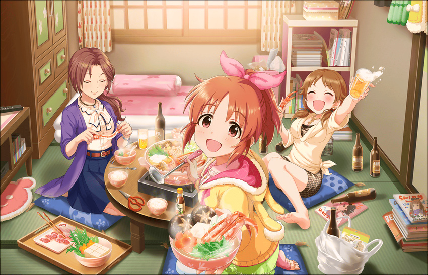 ^_^ abe_nana alcohol artist_request beer belt blush bookshelf bottle bowl bracelet breasts chopsticks cleavage closed_eyes collarbone cup drinking_glass earrings food futon glass holding holding_bowl holding_cup holding_food hotpot idolmaster idolmaster_cinderella_girls idolmaster_cinderella_girls_starlight_stage jacket jewelry katagiri_sanae kawashima_mizuki lobster long_hair long_sleeves looking_at_viewer low-tied_long_hair magazine medium_breasts multiple_girls necklace official_art open_mouth ponytail rice_bowl scissors short_sleeves sitting_on_pillow skirt smile spoon steam table twintails wardrobe yellow_jacket