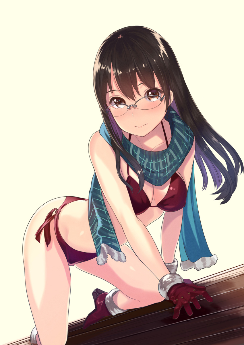 1girl all_fours bangs bikini blush boots breasts brown_eyes brown_hair cleavage closed_mouth dutch_angle fur_trim glasses gloves halterneck heels high_heels highres kagematsuri light_smile long_hair looking_at_viewer megane multicolored_hair on_floor original over-rim_glasses purple_hair red_bikini red_gloves red_shoes scarf semi-rimless_glasses shoes side-tie_bikini simple_background solo swimsuit swimsuits two-tone_hair wooden_floor yellow_background