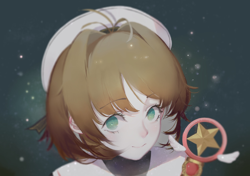 absurdres antenna_hair bad_id bad_pixiv_id brown_hair cardcaptor_sakura closed_mouth green_eyes hat highres hoshi_no_tsue hoshimawa kinomoto_sakura magical_girl pentagram portrait sailor_hat school_uniform short_hair smile solo tomoeda_elementary_school_uniform