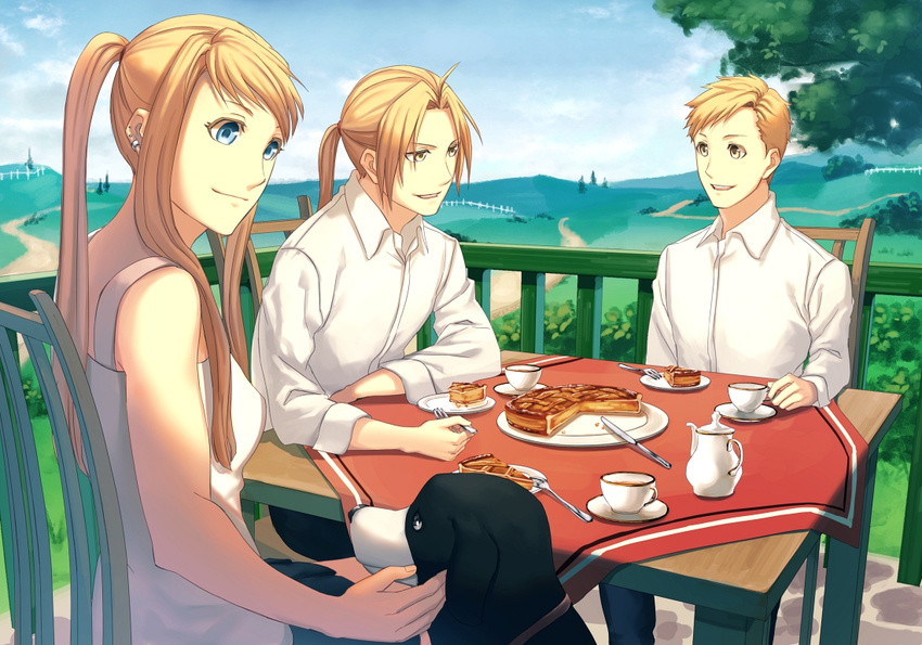 2boys alphonse_elric animal blonde_hair blue_eyes chair cup day den_(fma) dog earrings edward_elric elbows_on_table food fork fullmetal_alchemist happy jewelry knife long_hair long_sleeves looking_at_another mizui_xl mountain multiple_boys nature open_mouth outdoors petting pie plate ponytail saucer shirt short_hair siblings sky smile table tablecloth talking teacup teapot tree white_shirt winry_rockbell yellow_eyes