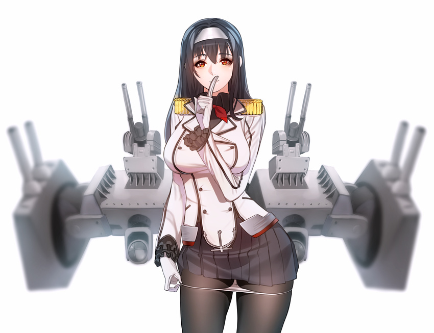 anchor bangs black_hair black_legwear black_shirt black_skirt blurry breasts buttons cannon collared_shirt cosplay cowboy_shot depth_of_field double-breasted epaulettes finger_to_mouth frilled_sleeves frills hairband highres index_finger_raised jacket kantai_collection kashima_(kantai_collection) kashima_(kantai_collection)_(cosplay) kasumigaoka_utaha kayano_ai large_breasts long_hair long_sleeves looking_at_viewer machinery miniskirt panties panties_over_pantyhose panty_pull pantyhose pleated_skirt pulled_by_self red_eyes saenai_heroine_no_sodatekata seiyuu_connection shirt shushing simple_background skirt solo tachibana-san turret underwear white_background white_panties