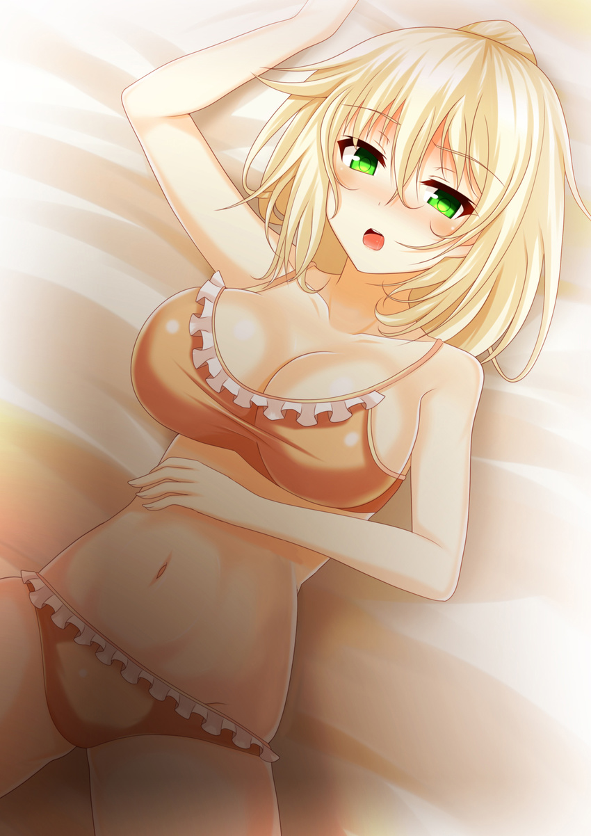 ayasato_karen bad_id bad_pixiv_id blush bra breasts cleavage collarbone frilled_bra frilled_panties frills highres large_breasts looking_at_viewer lying navel nora_to_oujo_to_noraneko_heart on_back open_mouth orange_bra orange_panties panties short_hair solo taut_clothes topknot underwear underwear_only yuuri_shachi