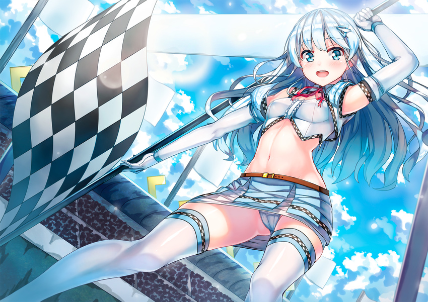 90i arm_up blue_eyes blue_panties blush checkered checkered_flag crop_top day elbow_gloves flag from_below gloves hair_ornament highres kuuki_shoujo long_hair looking_at_viewer looking_down midriff miniskirt navel open_mouth panties pantyshot pantyshot_(standing) personification race_queen skirt sky smile solo standing the_personification_of_atmosphere thighhighs underwear upskirt white_hair white_legwear