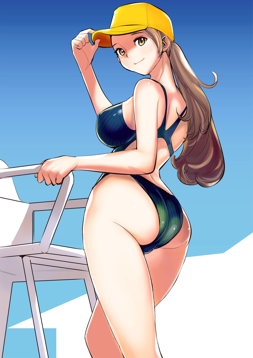 absurdres ass back baseball_cap breasts brown_eyes brown_hair closed_mouth competition_swimsuit day dytm from_behind from_below hat hat_tip highleg highleg_swimsuit highres holding large_breasts lifeguard_chair long_hair looking_at_viewer one-piece_swimsuit original pool_monitor_part-timer_(dytm) shade sideboob sky smile solo summer swimsuit yellow_eyes yellow_hat