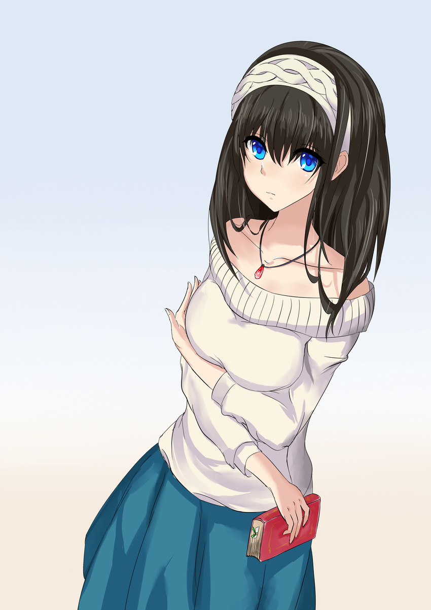 absurdres bare_shoulders black_hair blue_eyes book breasts collarbone hairband highres idolmaster idolmaster_cinderella_girls jewelry jyl_(tiankonghuayin) large_breasts long_hair looking_at_viewer off-shoulder_sweater pendant sagisawa_fumika solo sweater