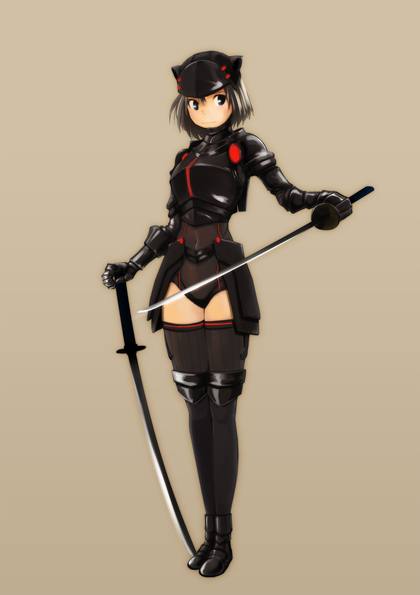 armor black_footwear blue_eyes boots full_body gauntlets grey_hair helmet highres holding holding_sword holding_weapon legs_together leotard navel original otakeyan ribbed_legwear solo sword thighhighs weapon