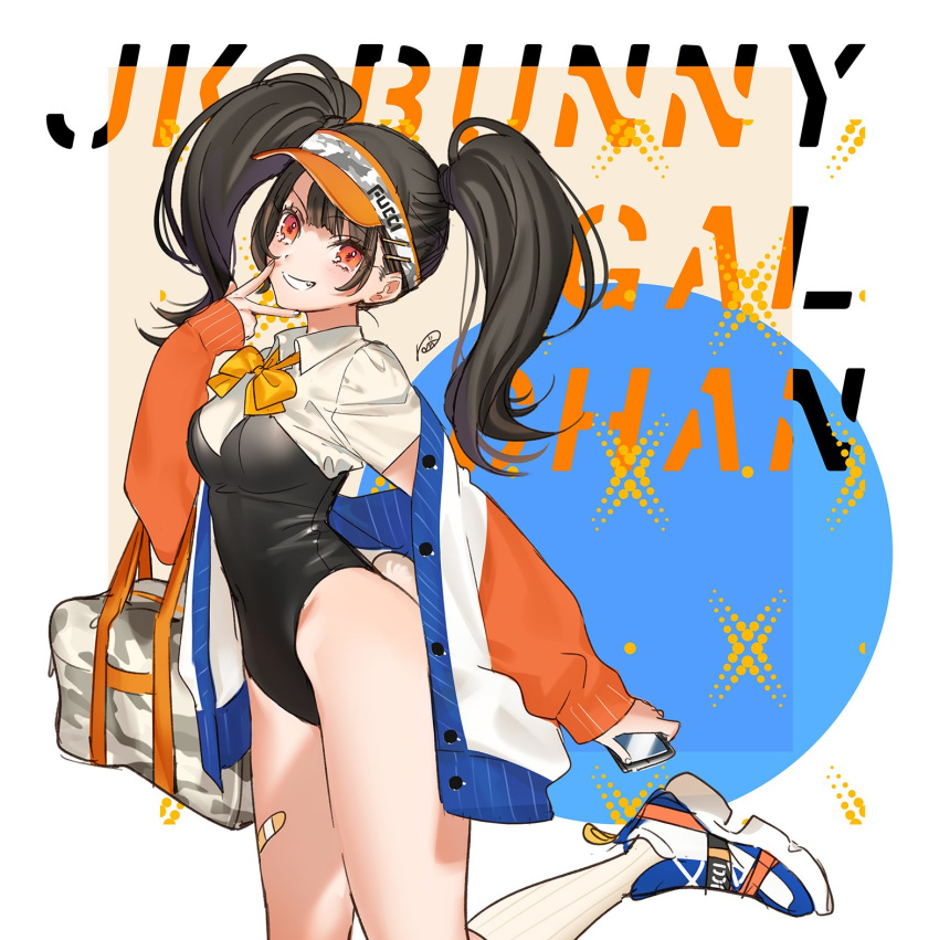1girl bag bandaid black_hair bow bowtie character_name grin highres jersey kippu legs leotard looking_at_viewer orange_eyes original shoes signature smile sneakers solo sports_bag twintails v visor_cap
