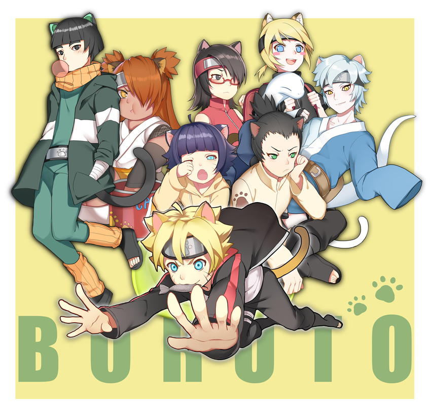 5boys :3 :d :t ;o ahoge akimichi_chouchou animal animal_ears aqua_eyes bandaged_arm bandages bangs belt_pouch black_eyes black_hair black_jacket black_pants blue_eyes blue_hair blue_pants blunt_bangs blush blush_stickers boruto:_naruto_the_movie brother_and_sister brown_hair bubble_blowing cat_ears cat_food cat_girl catboy chewing_gum clenched_hands closed_mouth dark_skin detached_sleeves eating eyebrows fang fish fishnets flipped_hair food food_in_mouth forehead_protector frown greetload hair_between_eyes hair_over_one_eye hand_in_pocket hand_on_own_cheek head_rest high_collar hood hood_down hooded_jacket hoodie jacket japanese_clothes kemonomimi_mode kimono leg_warmers long_hair long_sleeves looking_at_viewer low_ponytail metal_lee mitsuki_(naruto) mouth_hold multiple_boys multiple_girls nara_shikadai naruto naruto_(series) obi one_eye_closed one_eye_covered open_mouth open_toe_shoes orange_scarf outstretched_arms pale_skin palms pants paw_pose paw_print pouch pouncing pout purple_hair rubbing_eyes sash scarf shoes short_hair siblings sitting sleeveless sleeves_past_wrists smile snake tail tears thick_eyebrows thigh_strap track_jacket uchiha_sarada uzumaki_boruto uzumaki_himawari whisker_markings yamanaka_inojin yawning yellow_eyes