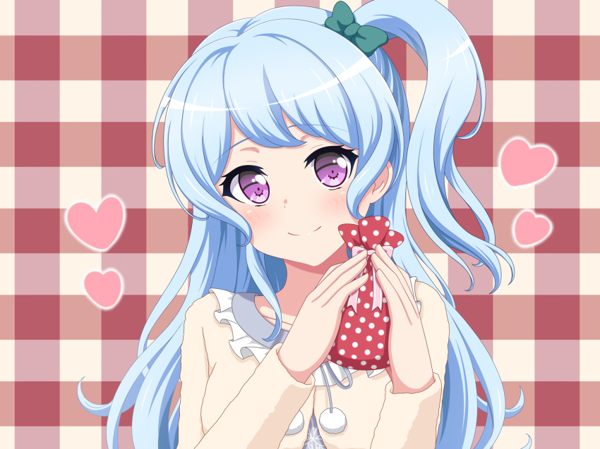 1girl bag bang_dream! bangs blush bow commentary_request furou gift_bag green_bow hair_bow heart highres holding holding_bag jacket long_hair long_sleeves looking_at_viewer matsubara_kanon one_side_up plaid plaid_background pom_pom_(clothes) purple_eyes sidelocks smile solo upper_body valentine yellow_jacket