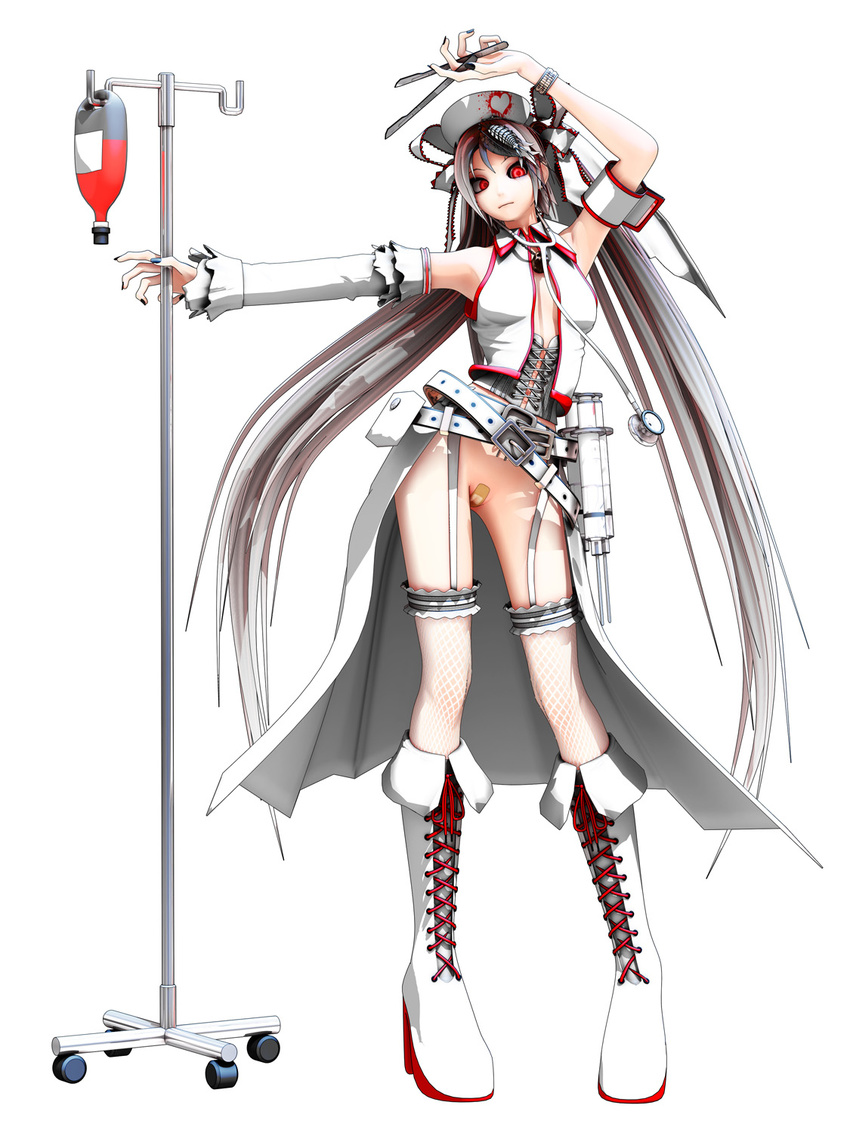 bandaid bandaid_on_pussy belt boots corset cross-laced_footwear detached_sleeves fishnet_legwear fishnets full_body garter_straps hat heart highres intravenous_drip knee_boots lace-up_boots maeda_koutarou no_panties nurse_cap original red_eyes scalpel solo vocaloid white_background white_hair