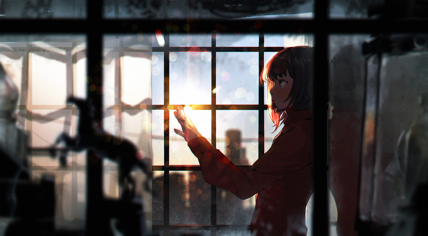 backlighting banned_artist blurry brown_hair building commentary_request dark depth_of_field green_eyes hand_up highres indoors lens_flare original outstretched_hand profile scenery short_hair sky solo sumiobunnya sunlight sunset upper_body window