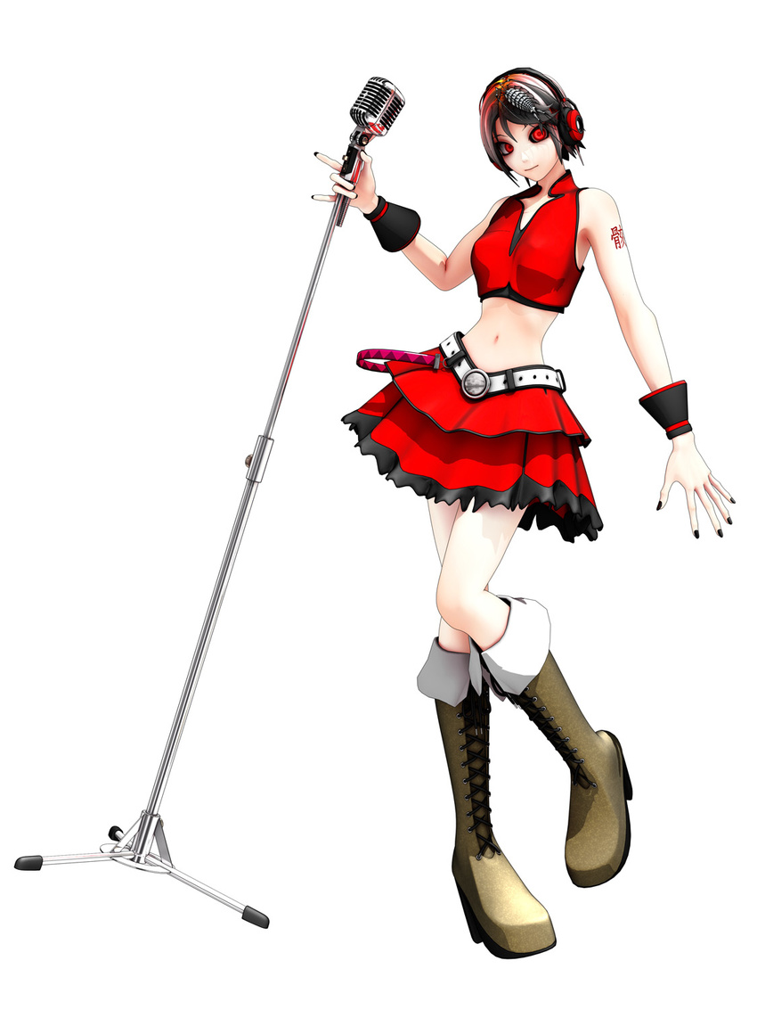 3d belt black_hair boots calne_ca cosplay full_body high_heel_boots high_heels highres knee_boots looking_at_viewer maeda_koutarou meiko meiko_(cosplay) microphone_stand midriff navel original platform_boots red_eyes short_hair simple_background skirt sleeveless solo tattoo vocaloid white_background wrist_cuffs