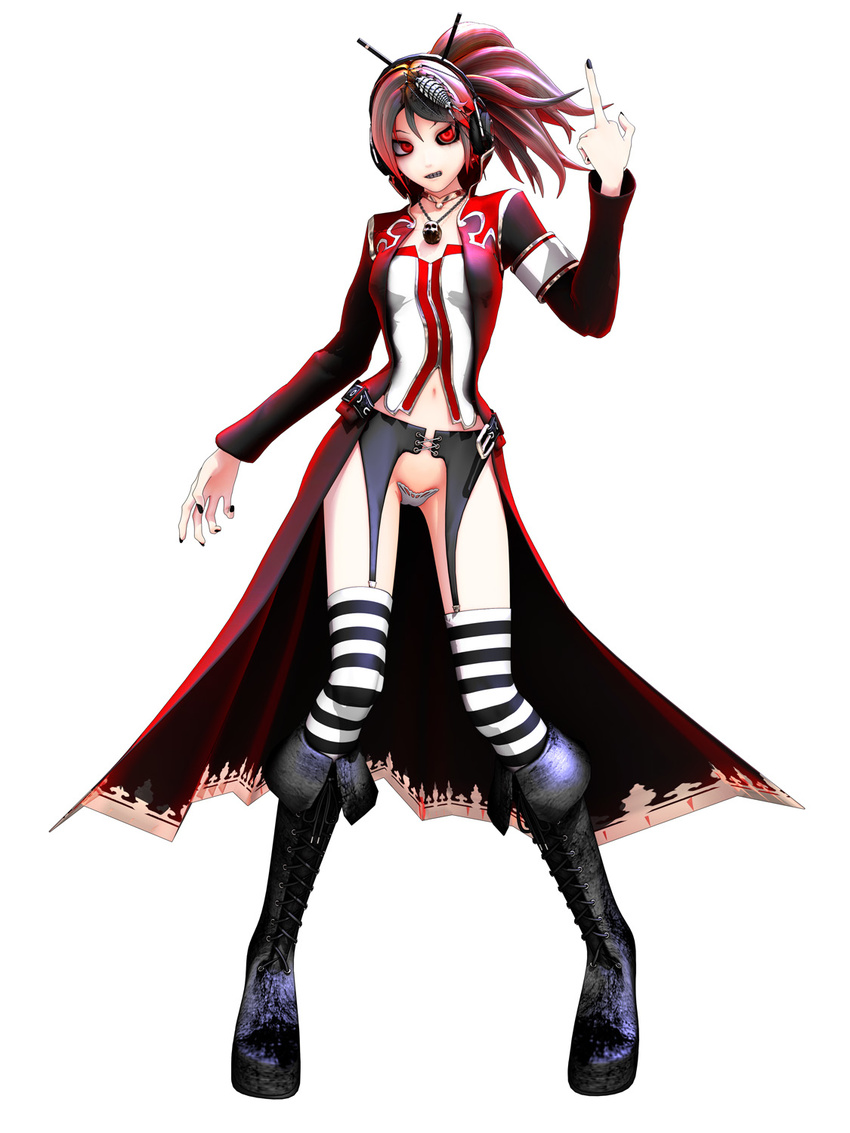 3d boots calne_ca cross-laced_footwear full_body garter_belt groin highres jacket knee_boots lace-up_boots looking_at_viewer maeda_koutarou middle_finger midriff no_panties original ponytail red_eyes red_hair simple_background skull_necklace solo striped striped_legwear thighhighs vocaloid white_background