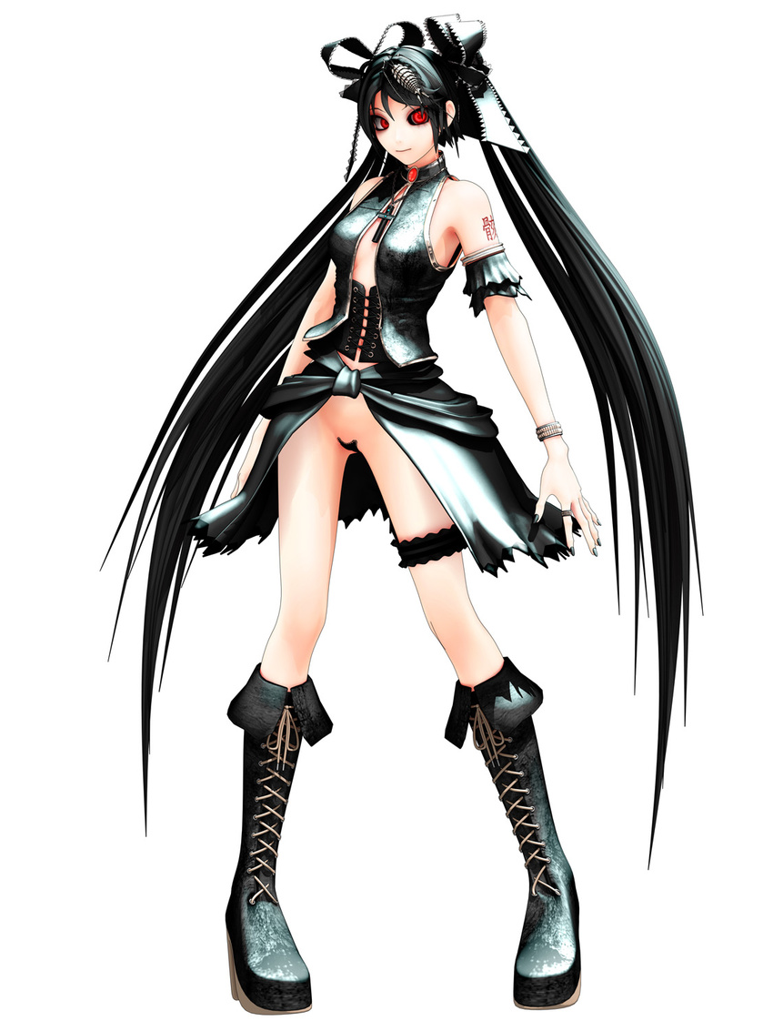 bare_shoulders black_hair boots breasts corset cross cross-laced_footwear fingernails full_body garters hair_ribbon highres knee_boots lace-up_boots long_fingernails maeda_koutarou no_panties original red_eyes ribbon skirt small_breasts solo thighs twintails vocaloid white_background