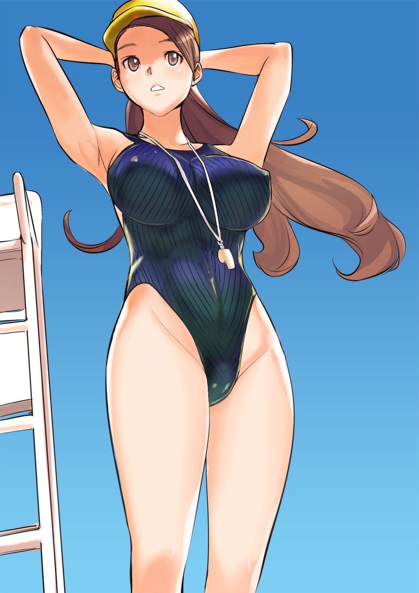 :o abs absurdres armpits arms_behind_back arms_behind_head blue_sky blush breasts brown_hair chair collarbone competition_swimsuit covered_navel covered_nipples day dytm floating_hair groin hat highleg highleg_swimsuit highres jewelry large_breasts long_hair looking_afar necklace one-piece_swimsuit original outdoors parted_lips pool_monitor_part-timer_(dytm) skin_tight sky solo standing summer swimsuit tareme thighs very_long_hair whistle wind yellow_hat