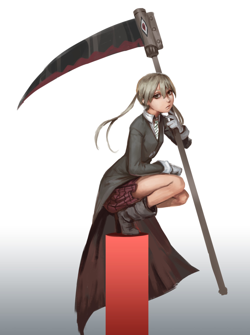 1girl absurdres black_coat black_footwear blonde_hair boots closed_mouth coat eyebrows_visible_through_hair gloves gradient gradient_background highres holding holding_scythe holding_weapon josh_corpuz maka_albarn necktie scythe skirt solo soul_eater soul_eater_(character) twintails weapon white_gloves yellow_eyes
