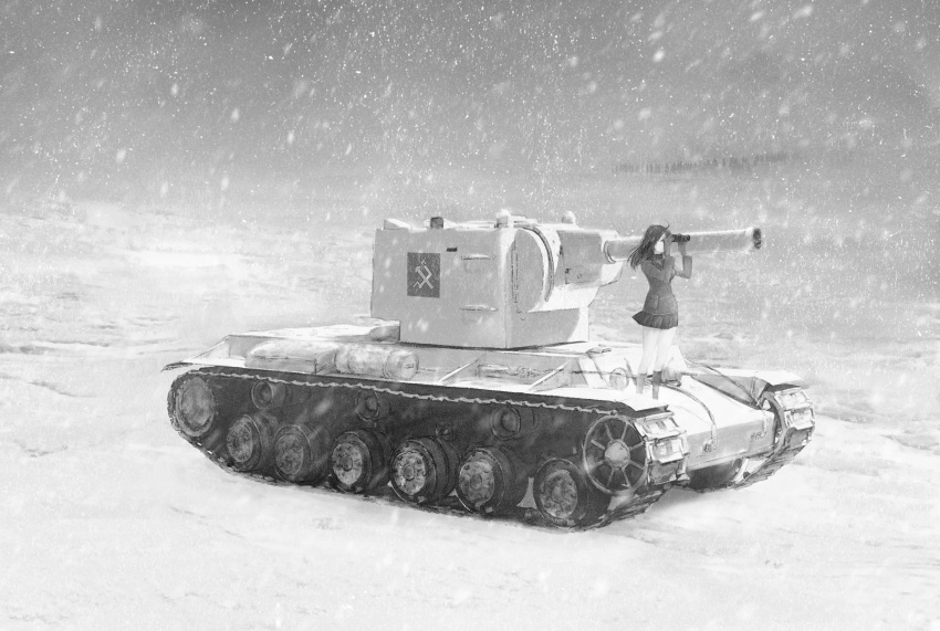 1girl binoculars breasts caterpillar_tracks emblem girls_und_panzer greyscale ground ground_vehicle highres kv-2 long_hair military military_vehicle monochrome motor_vehicle nonna nrp_(pesu) pravda_(emblem) pravda_military_uniform snow snowing tank