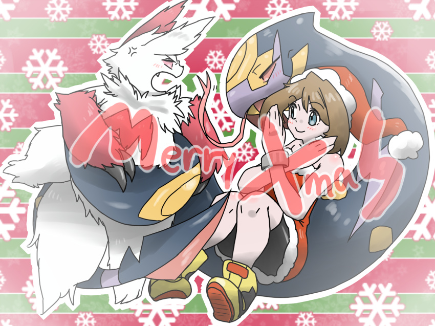 anger_vein angry bike_shorts black_eyes blue_eyes blush bracelet brown_hair canine chiji christmas claws clothing dress english_text fangs feral footwear full_body fur hair half-closed_eyes happy hat hi_res holidays human jewelry mammal may_(pok&eacute;mon) nintendo open_mouth pok&eacute;mon pok&eacute;mon_(species) red_fur red_sclera reptile santa_hat scalie seviper shoes shorts smile snowflake text tongue tongue_out video_games white_fur zangoose