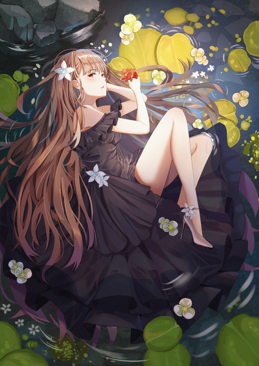 1girl bare_shoulders black_dress blush breasts brown_hair dress flower from_above full_body high_heels highres knees_up long_hair looking_at_viewer looking_up lying mobu_(wddtfy61) on_side original parted_lips red_eyes red_flower ripples rock shoes small_breasts solo very_long_hair water white_flower white_footwear