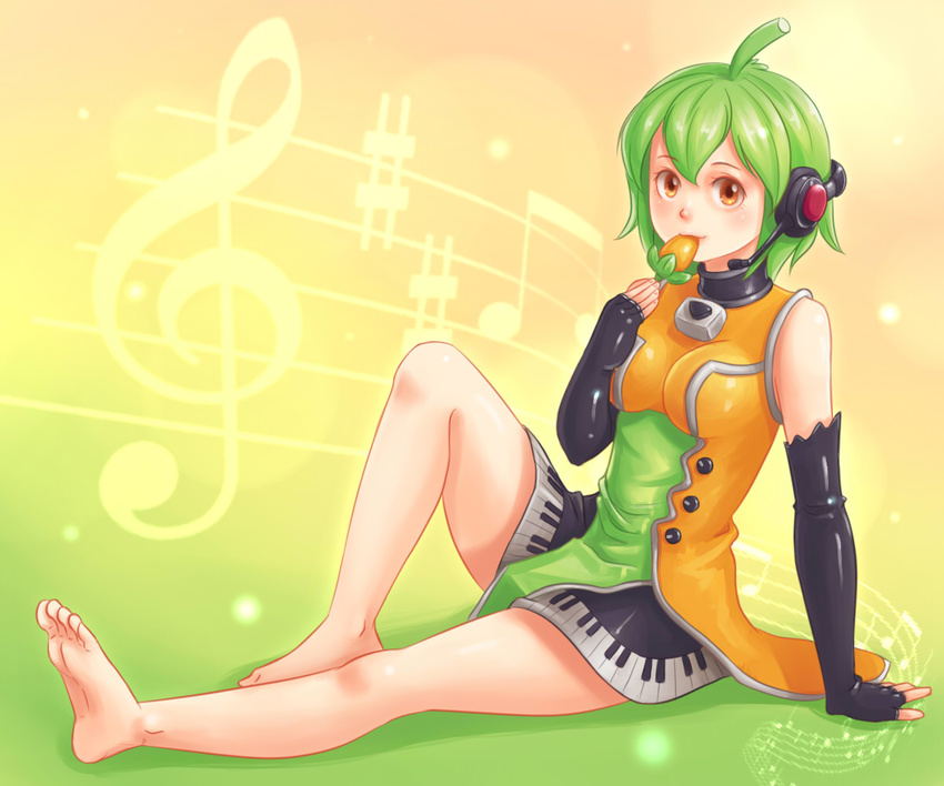 1girl ahoge arm_support bare_shoulders barefoot breasts dress eating feet fingerless_gloves fl-chan fl_studio full_body gloves green_hair headset looking_at_viewer medium_breasts short_hair sitting smile solo