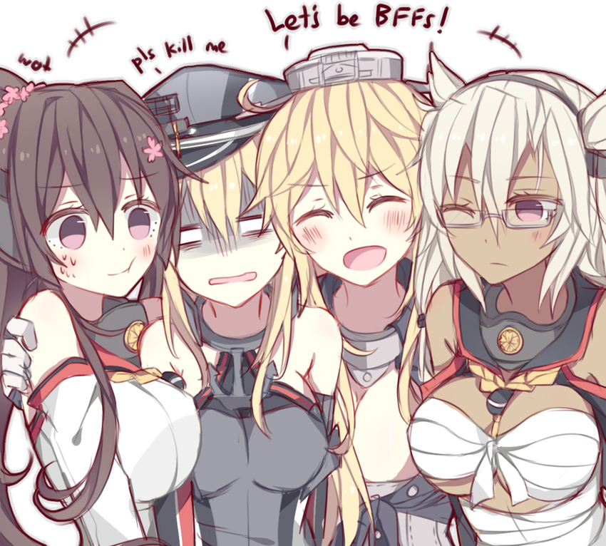 /\/\/\ 4girls :d ^_^ ^o^ bandage bandages bismarck_(kantai_collection) blank_eyes blonde_hair breasts brown_hair cleavage closed_eyes dark_skin empty_eyes english expressionless eyes_closed girl_sandwich glasses gloom_(expression) hat headgear hug iowa_(kantai_collection) kantai_collection kvlen large_breasts multiple_girls musashi_(kantai_collection) o_o open_mouth peaked_cap sandwiched sarashi shaded_face short_hair simple_background smile turn_pale upper_body white_background yamato_(kantai_collection)