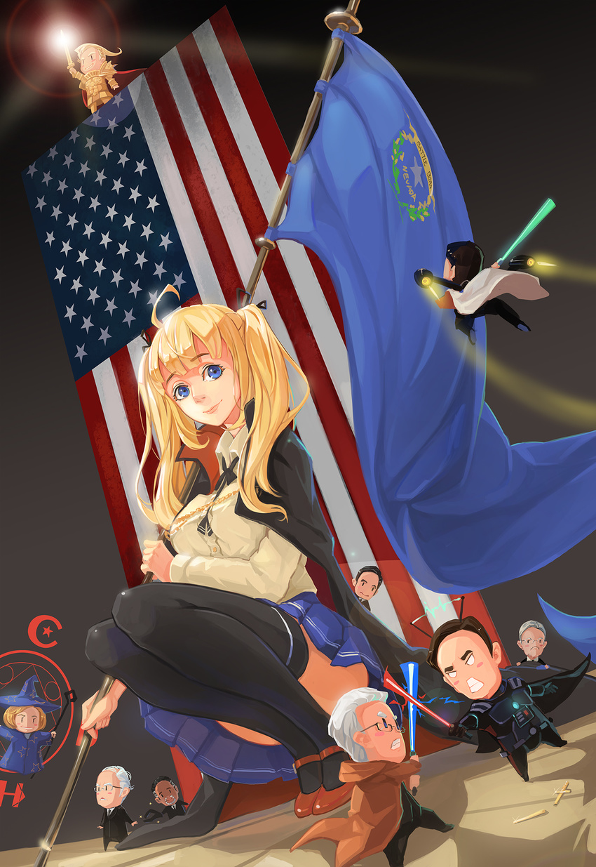 aircraft airplane american_flag android antennae bangs ben_carson bernie_sanders black_hair blonde_hair blue_skirt blunt_bangs bow bowtie brown_hair cape chibi colorized commentary_request cosplay donald_trump energy_sword fate/stay_night fate_(series) flying formal gilgamesh gilgamesh_(cosplay) glasses hair_ribbon harry_reid hat highres hillary_clinton jeb_bush jedi john_kasich lightsaber looking_at_viewer magic_circle marco_rubio necktie pacific parody plate_armor pleated_skirt real_life revision ribbon robe sima_naoteng sith skirt staff star_wars suit sword tassel ted_cruz thighhighs twintails uss_nevada_(bb-36) weapon white_hair witch_hat zettai_ryouiki