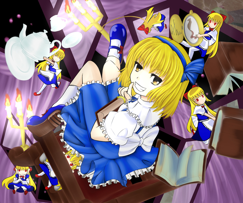 &gt;_&lt; alice_margatroid alice_margatroid_(pc-98) blonde_hair book chair clock closed_eyes cup doll grin hairband highres long_hair mary_janes pantyhose pocket_watch red_eyes ribbon shanghai_doll shoes short_hair smile teacup teapot touhou touhou_(pc-98) watch white_legwear yellow_eyes younger