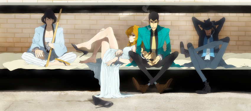 3boys arsene_lupin_iii barefoot beard black_hair cigarette crossed_legs cuffs dress facial_hair formal green_jacket handcuffs highres ishikawa_goemon_xiii jacket jigen_daisuke lupin_iii mine_fujiko multiple_boys necktie prison shoe_dangle shoes single_shoe sitting smoking suit yellow_neckwear zz