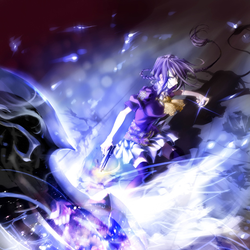 absurdres action bangs bare_arms braid breasts collared_shirt cracked_floor cravat firing floating_hair floor ginko_(sekainoowari) glint glowing gun handgun highres jacket large_breasts long_hair melty_blood miniskirt motion_blur muzzle_flash outstretched_arms pile_bunker pleated_skirt profile purple_eyes purple_hair purple_jacket purple_legwear riesbyfe_stridberg shadow shirt short_sleeves sideways_glance sion_eltnam_atlasia skirt squatting thighhighs true_apocrypha tsukihime very_long_hair weapon white_shirt white_skirt yellow_neckwear