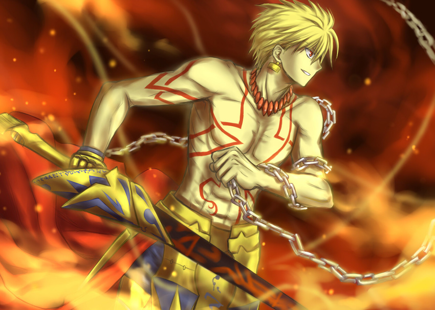 armor bad_id bad_pixiv_id blonde_hair chain ea_(fate/stay_night) fate/hollow_ataraxia fate/stay_night fate_(series) fire gilgamesh hitoha male_focus red_eyes shirtless solo sword tattoo weapon