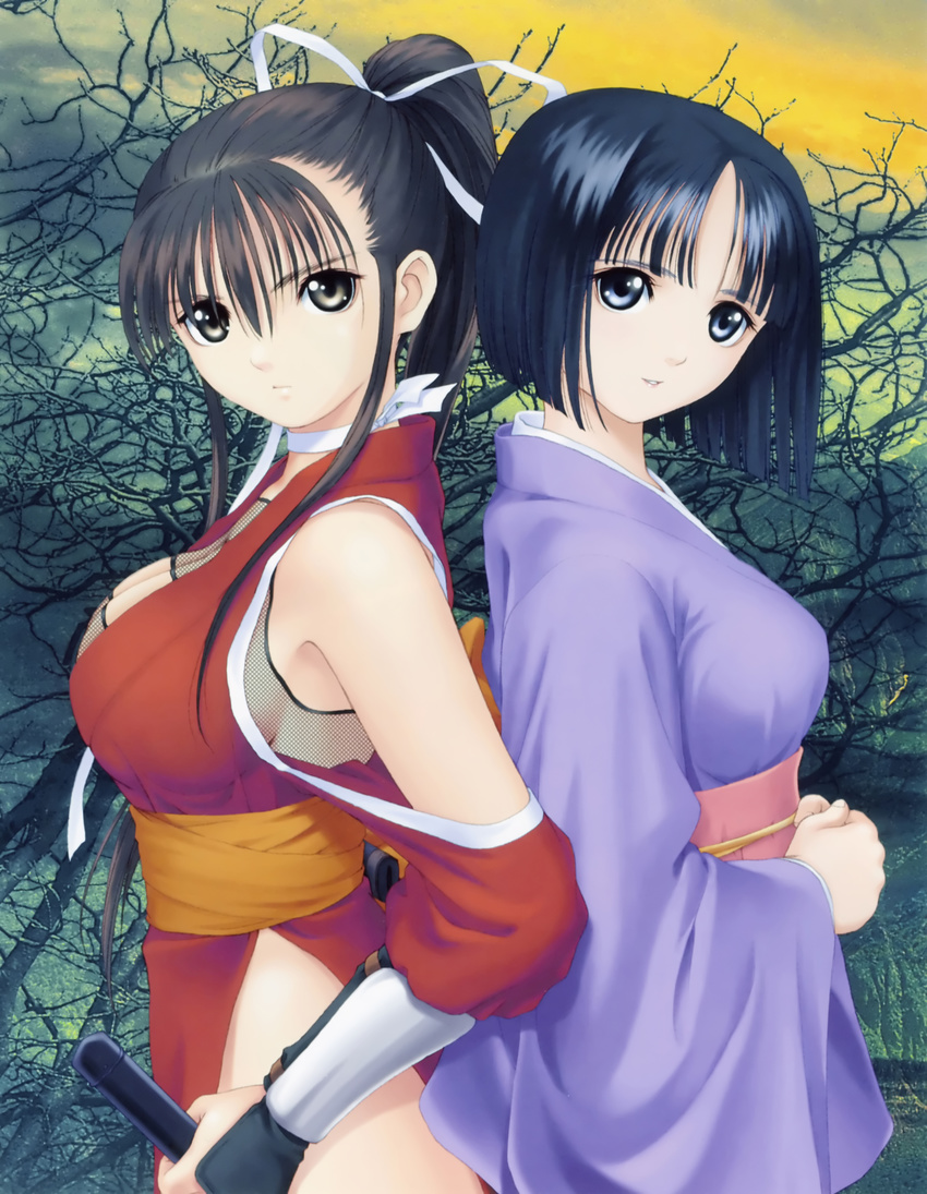 absurdres back-to-back black_hair blue_eyes breasts choker cleavage cleavage_cutout fishnets grey_eyes hair_ribbon highres japanese_clothes kimono large_breasts long_hair looking_back mitama_~shinobi~ mizuki_(mitama_~shinobi~) multiple_girls ninja non-web_source outdoors ponytail ran_(mitama_~shinobi~) ribbon short_hair short_kimono sky smile tanaka_takayuki