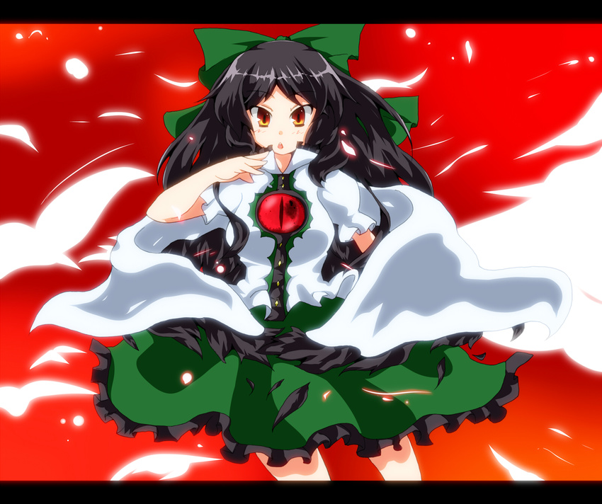 bad_id bad_pixiv_id bajiru black_hair bow breasts cape frills green_bow hair_bow highres large_breasts long_hair red_eyes reiuji_utsuho skirt solo touhou wings