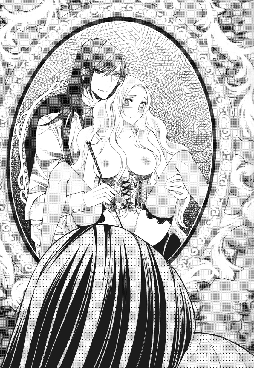 1girl absurdres corset greyscale highres lifting_person lingerie mirror monochrome non-web_source shabon spread_legs thighhighs underwear